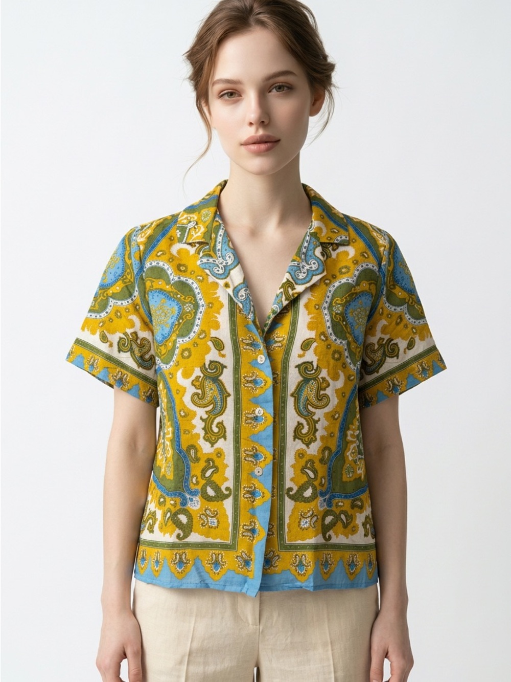 Haute Hippie Women’s Large Shirt Short Sleeve Button Front Linen Blend Top